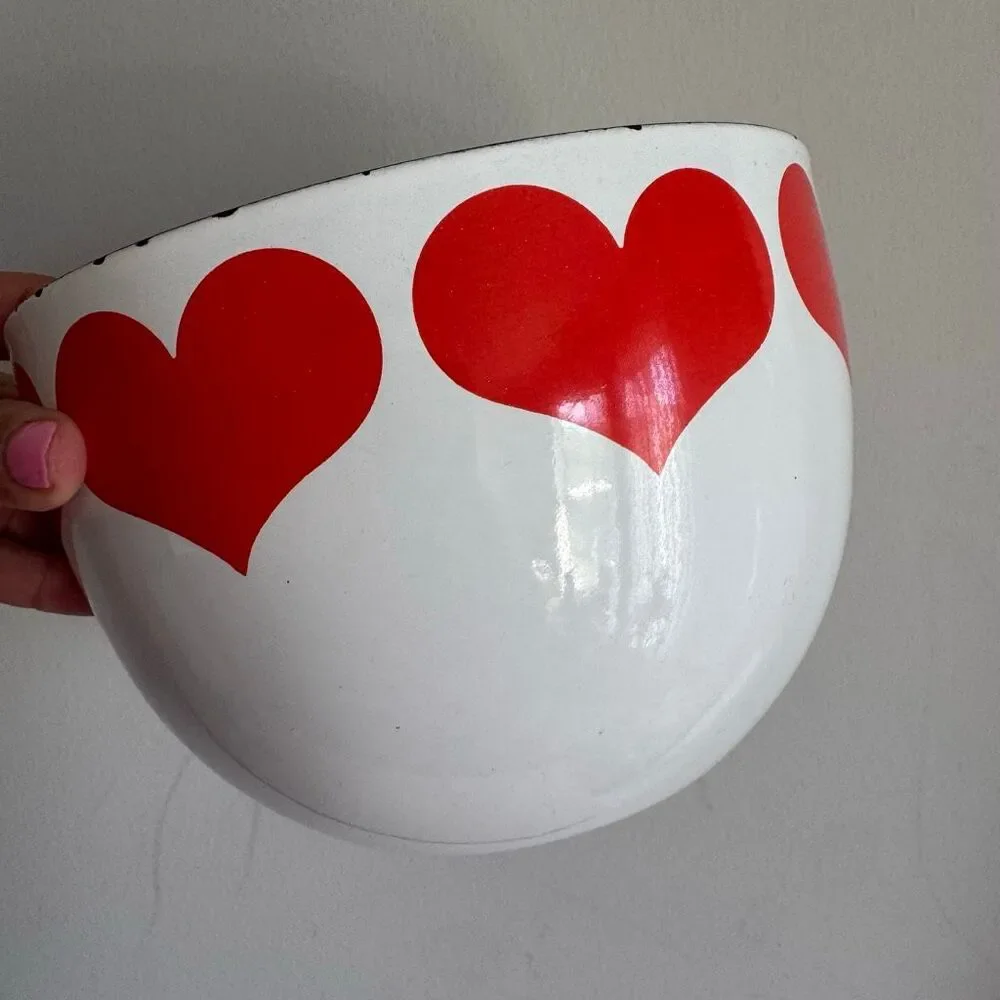 Vintage Kaj Franck Enamel Bowl Red Hearts Pattern Finel Arabia Finland MCM